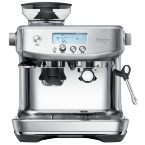 Sage Barista Pro stainless steel espresso machine with integrated bean grinder and digital display.