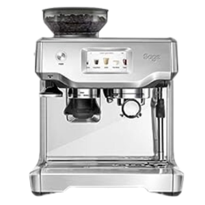 Sage-Barista-Touch Smeg espresso machine showcasing modern design, digital interface, and integrated grind feature.
