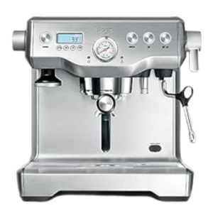 Sage Dual Boiler espresso machine with digital controls, pressure gauge, and steam wand.