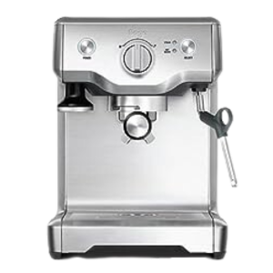 Sage Duo Temp Pro Breville Barista Max Plus espresso machine with portafilter holder and steam wand.