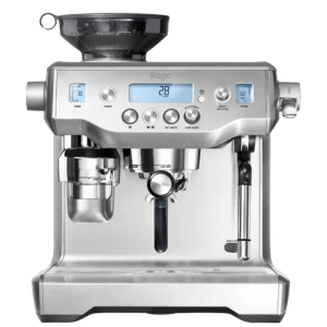 Sage-Oracle Smeg espresso machine highlighting stainless steel design, digital display, and built-in grinder.
