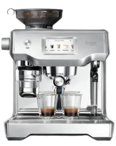 Sage Oracle Touch espresso machine, with integrated grinder, digital display, and dual-spout portafilter.