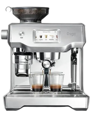 Sage Oracle Touch espresso machine with freshly brewed coffee in two glass cups and a milk frother.