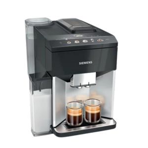 Siemens EQ500FL automatic espresso machine dispensing coffee, with user-friendly controls and milk reservoir.
