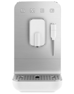 Smeg BCC02 espresso machine showcasing a sleek, silver design with dual spout and steam wand.