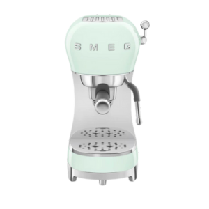 Smeg ECF02 espresso machine in pastel green with metallic elements showcasing retro-modern design.