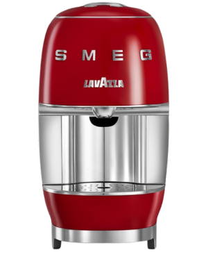 Smeg Lavazza compact espresso machine in retro red design featuring silver accents and removable drip tray.