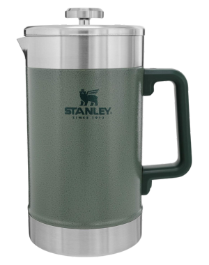 Stanley Classic French press coffee maker in deep green hue with durable stainless steel lid.