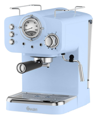 Swan-Retro Gaggia Carezza Deluxe espresso machine in pastel blue featuring sleek design and functional controls.