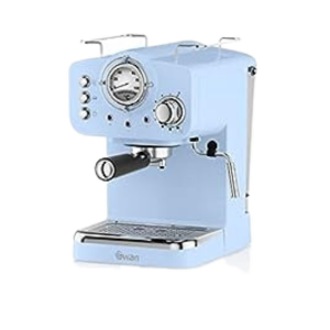 Swan Retro espresso machine in pastel blue with milk frother, warming tray, and vintage design details.