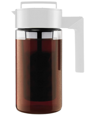 Takeya cold brew coffee maker, a sleek, modern glass pitcher filled with rich dark brew.