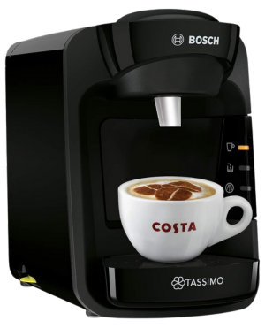Tassimo by Bosch Suny coffee machine showcasing modern design, brewing a cup of Costa coffee.