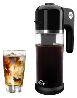 VINCI Express cold brew coffee maker and prepared iced coffee in a transparent glass.