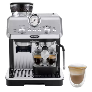 Arte Sage Barista Express showcasing DeLonghi La Specialista, a contemporary espresso machine, and a layered latte.