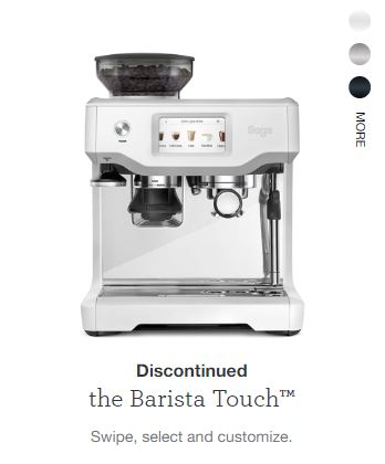 Discontinued Barista Touch espresso machine with a touch screen interface and integrated coffee bean grinder.