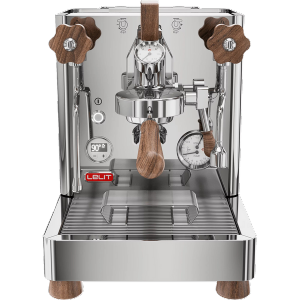 Bianca high-end espresso machine showcasing stainless steel body, wooden elements, and digital display.