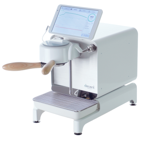 Decent DE1 modern espresso machine with interactive touch display and ergonomic wooden handle.