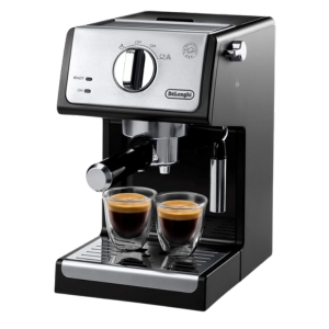DeLonghi A3220 coffee maker brewing espresso, featuring a sleek design and a steam wand for lattes.