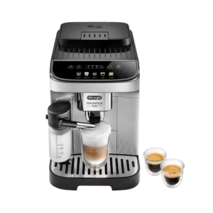 Delonghi E292.33 espresso machine showcasing dual brew capacity, integrated milk frother and LED control panel.