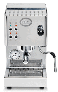 ECM Casa V espresso machine with modern design, LED control buttons, and stainless steel milk frother.