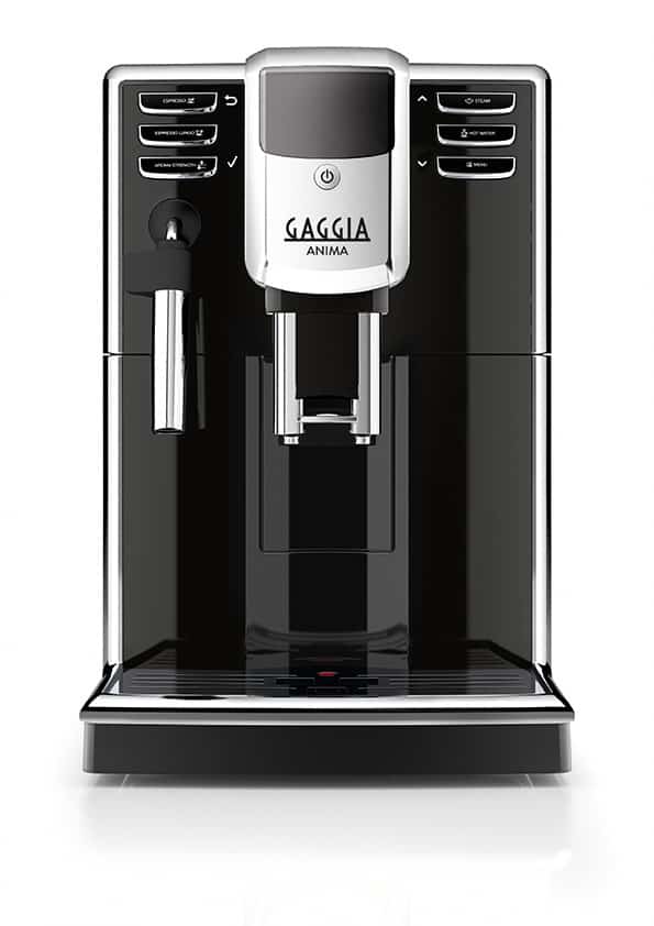 Gaggia Anima espresso machine featuring dual nozzles, milk frother, and sleek black and silver design.