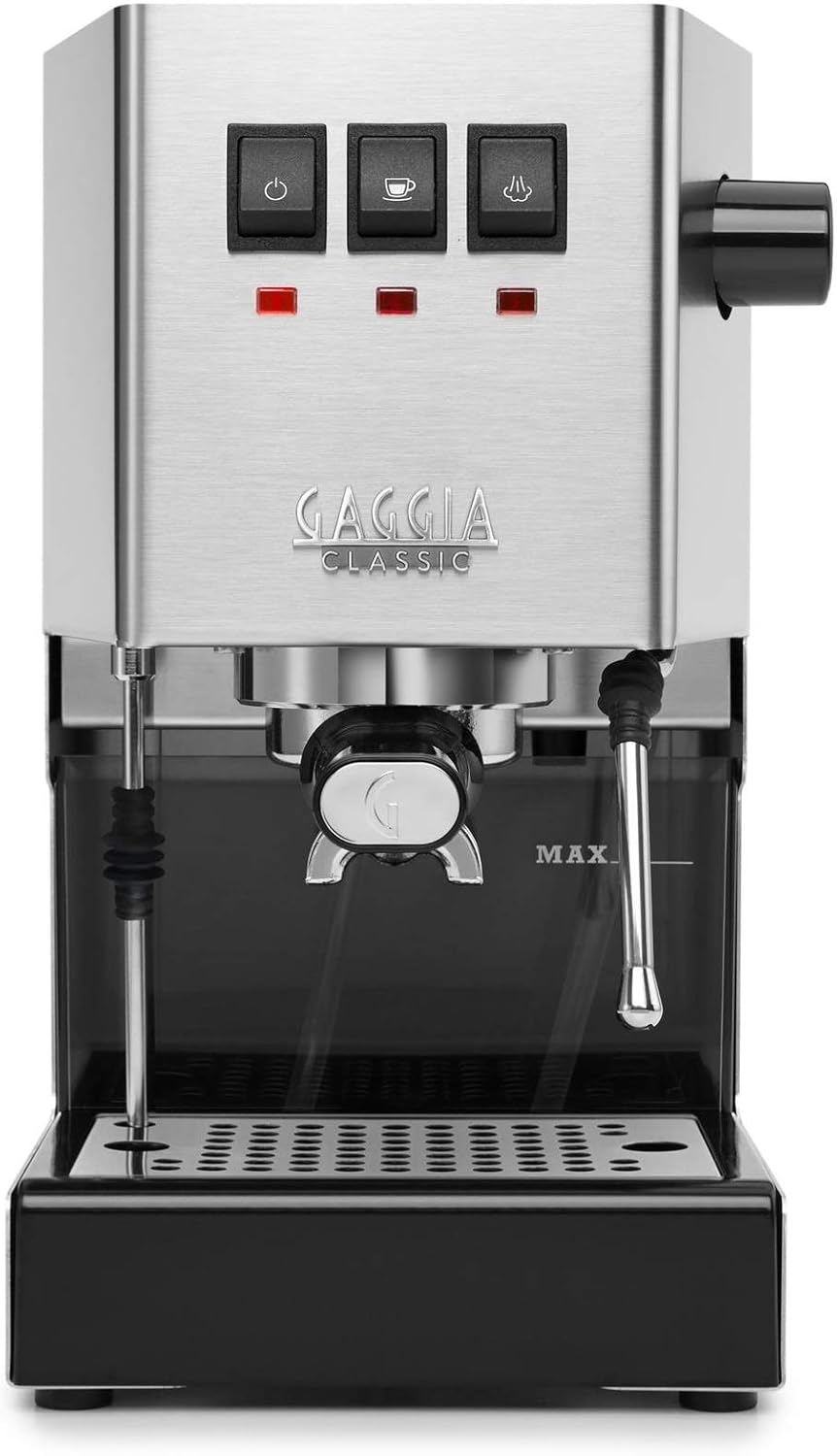 Gaggia Classic Pro coffee machine; stainless steel design with milk frother and hot water dispenser.