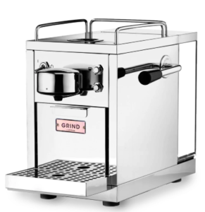 Grind One Nespresso machine in sleek silver finish featuring user-friendly controls and a stylish, compact design.