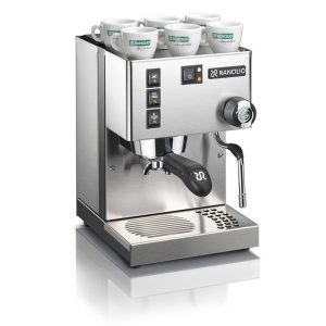 Rancilio Silvia EV6 espresso machine showcasing stylish design with milk frother and branded espresso cups.