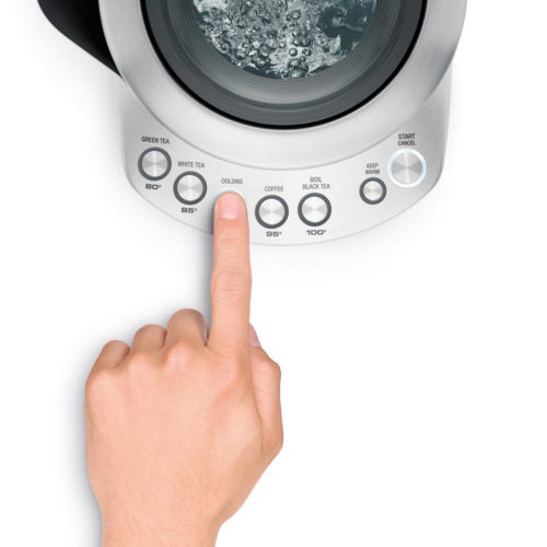 Sage smart kettle brewing coffee with clear lid and control panel, white background.