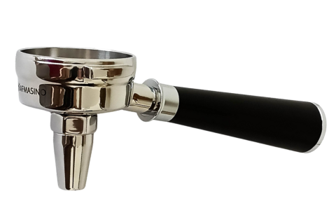 Tea portafilter with ergonomic black handle and shiny metallic body for ideal espresso extraction.